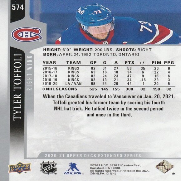 Tyler Toffoli - 2020/2021 Upper Deck Extended Series Hockey Card - Picture 2 of 2